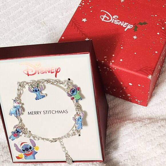 Disney Stitch Merry Stitchmas Holiday Silver Plated Adjustable Charm Bracelet - Picture 1 of 2